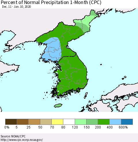 Korea Percent of Normal Precipitation 1-Month (CPC) Thematic Map For 12/11/2019 - 1/10/2020