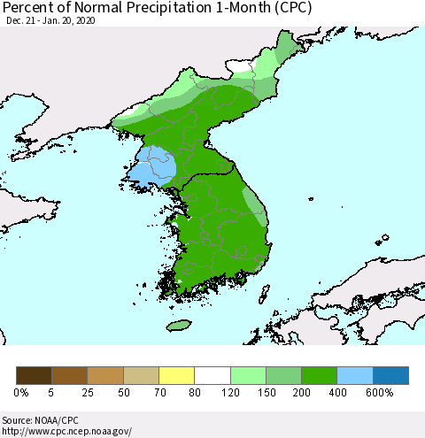 Korea Percent of Normal Precipitation 1-Month (CPC) Thematic Map For 12/21/2019 - 1/20/2020