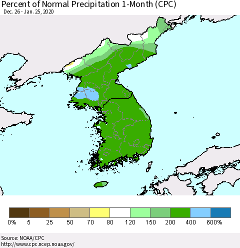 Korea Percent of Normal Precipitation 1-Month (CPC) Thematic Map For 12/26/2019 - 1/25/2020