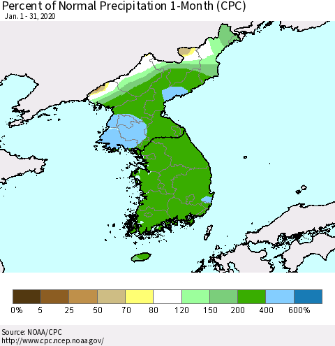 Korea Percent of Normal Precipitation 1-Month (CPC) Thematic Map For 1/1/2020 - 1/31/2020