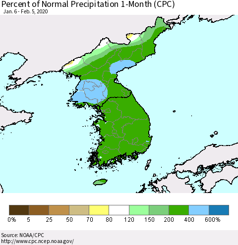 Korea Percent of Normal Precipitation 1-Month (CPC) Thematic Map For 1/6/2020 - 2/5/2020