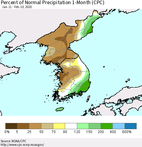 Korea Percent of Normal Precipitation 1-Month (CPC) Thematic Map For 1/11/2020 - 2/10/2020