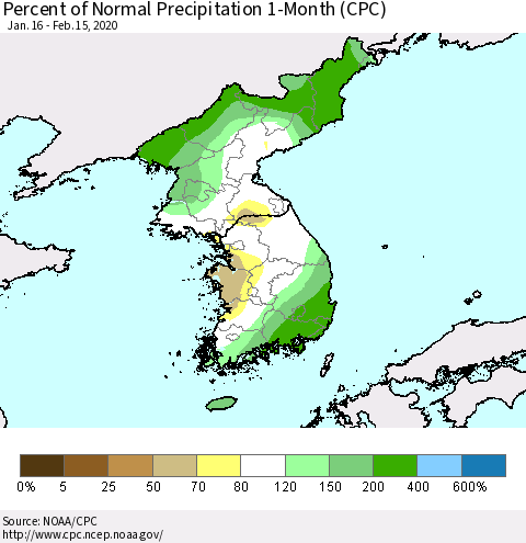Korea Percent of Normal Precipitation 1-Month (CPC) Thematic Map For 1/16/2020 - 2/15/2020