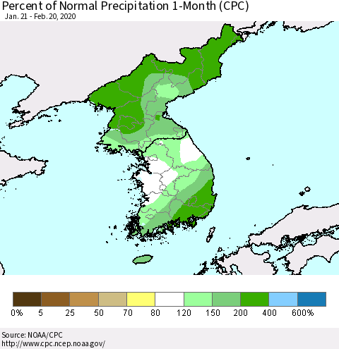 Korea Percent of Normal Precipitation 1-Month (CPC) Thematic Map For 1/21/2020 - 2/20/2020
