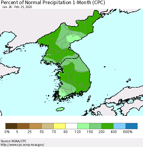 Korea Percent of Normal Precipitation 1-Month (CPC) Thematic Map For 1/26/2020 - 2/25/2020