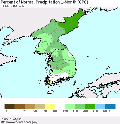 Korea Percent of Normal Precipitation 1-Month (CPC) Thematic Map For 2/6/2020 - 3/5/2020
