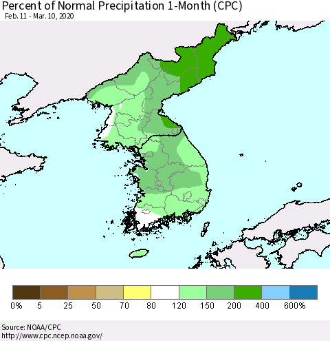 Korea Percent of Normal Precipitation 1-Month (CPC) Thematic Map For 2/11/2020 - 3/10/2020
