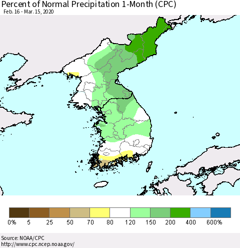 Korea Percent of Normal Precipitation 1-Month (CPC) Thematic Map For 2/16/2020 - 3/15/2020