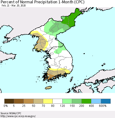 Korea Percent of Normal Precipitation 1-Month (CPC) Thematic Map For 2/21/2020 - 3/20/2020