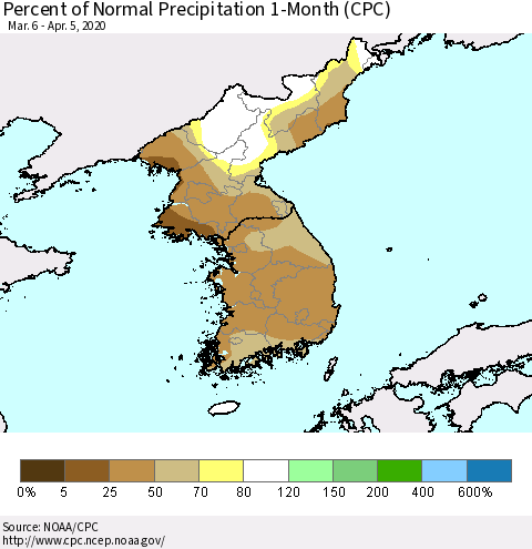 Korea Percent of Normal Precipitation 1-Month (CPC) Thematic Map For 3/6/2020 - 4/5/2020