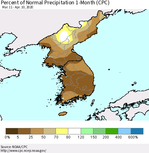 Korea Percent of Normal Precipitation 1-Month (CPC) Thematic Map For 3/11/2020 - 4/10/2020