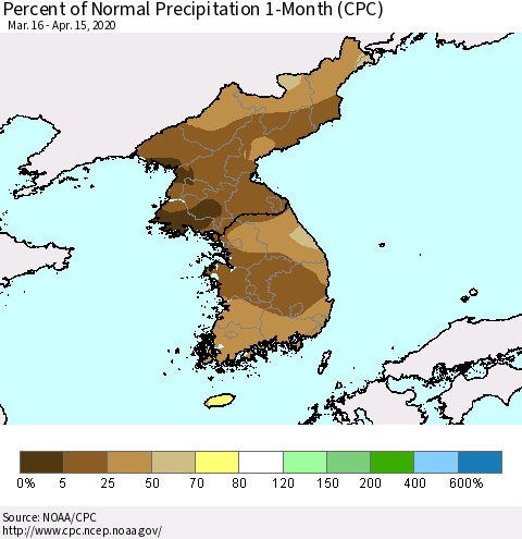 Korea Percent of Normal Precipitation 1-Month (CPC) Thematic Map For 3/16/2020 - 4/15/2020