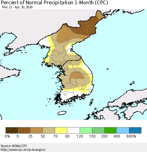 Korea Percent of Normal Precipitation 1-Month (CPC) Thematic Map For 3/21/2020 - 4/20/2020