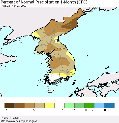 Korea Percent of Normal Precipitation 1-Month (CPC) Thematic Map For 3/26/2020 - 4/25/2020