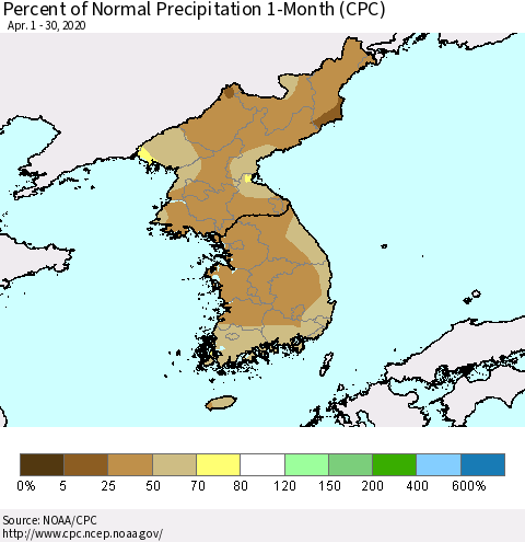 Korea Percent of Normal Precipitation 1-Month (CPC) Thematic Map For 4/1/2020 - 4/30/2020