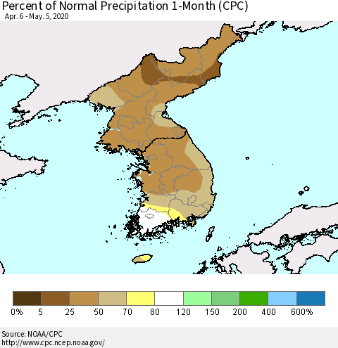 Korea Percent of Normal Precipitation 1-Month (CPC) Thematic Map For 4/6/2020 - 5/5/2020