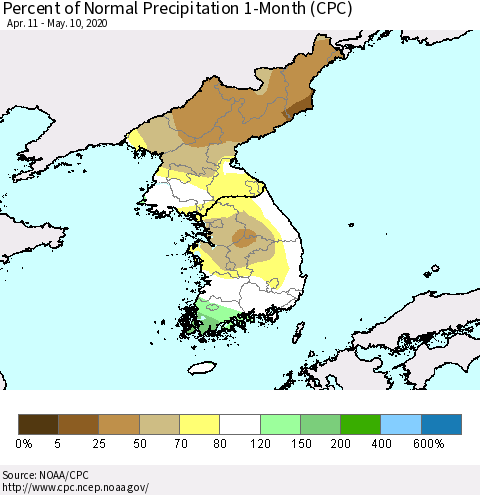 Korea Percent of Normal Precipitation 1-Month (CPC) Thematic Map For 4/11/2020 - 5/10/2020