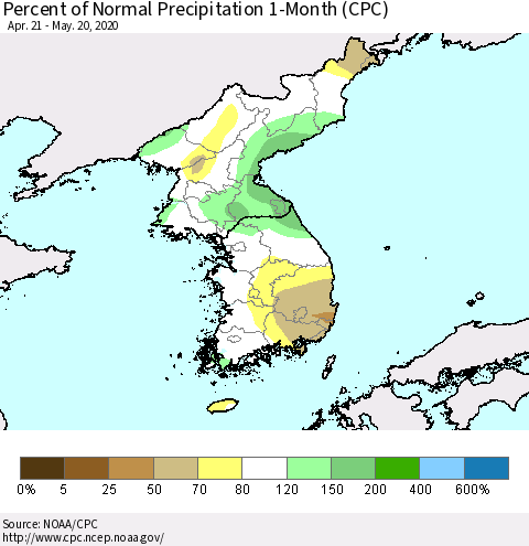 Korea Percent of Normal Precipitation 1-Month (CPC) Thematic Map For 4/21/2020 - 5/20/2020