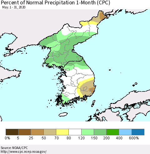 Korea Percent of Normal Precipitation 1-Month (CPC) Thematic Map For 5/1/2020 - 5/31/2020