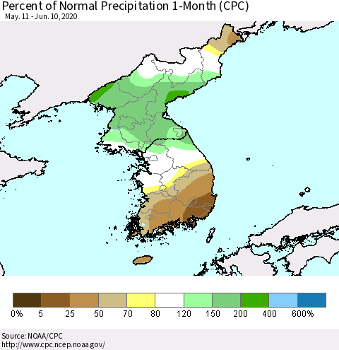 Korea Percent of Normal Precipitation 1-Month (CPC) Thematic Map For 5/11/2020 - 6/10/2020