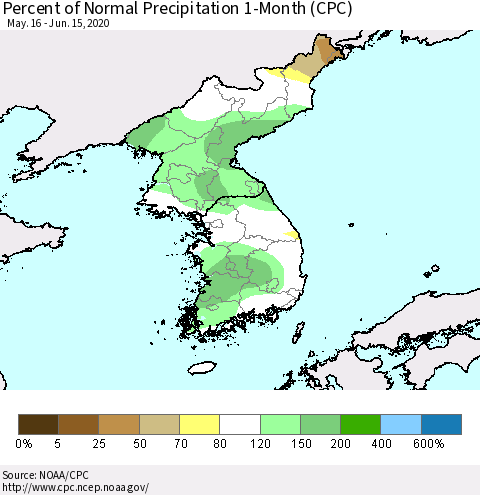 Korea Percent of Normal Precipitation 1-Month (CPC) Thematic Map For 5/16/2020 - 6/15/2020
