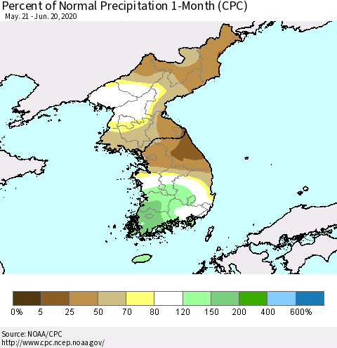 Korea Percent of Normal Precipitation 1-Month (CPC) Thematic Map For 5/21/2020 - 6/20/2020