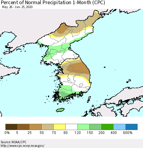 Korea Percent of Normal Precipitation 1-Month (CPC) Thematic Map For 5/26/2020 - 6/25/2020