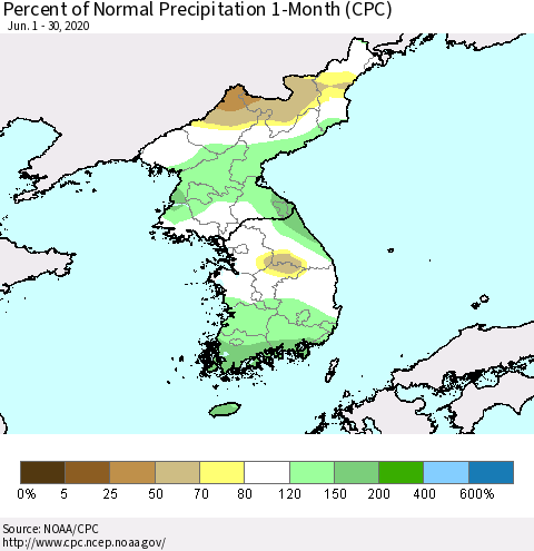 Korea Percent of Normal Precipitation 1-Month (CPC) Thematic Map For 6/1/2020 - 6/30/2020
