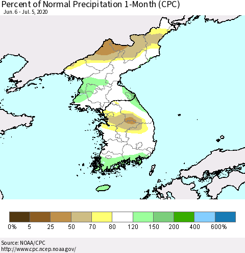 Korea Percent of Normal Precipitation 1-Month (CPC) Thematic Map For 6/6/2020 - 7/5/2020