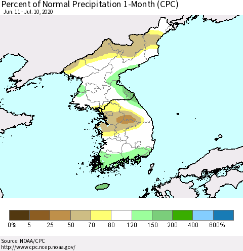 Korea Percent of Normal Precipitation 1-Month (CPC) Thematic Map For 6/11/2020 - 7/10/2020