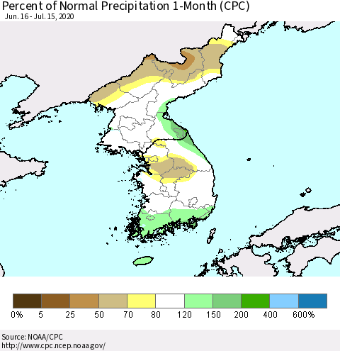 Korea Percent of Normal Precipitation 1-Month (CPC) Thematic Map For 6/16/2020 - 7/15/2020