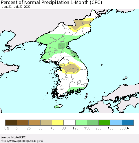 Korea Percent of Normal Precipitation 1-Month (CPC) Thematic Map For 6/21/2020 - 7/20/2020
