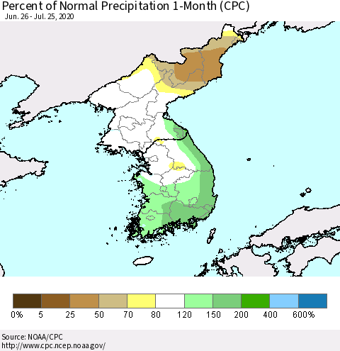 Korea Percent of Normal Precipitation 1-Month (CPC) Thematic Map For 6/26/2020 - 7/25/2020