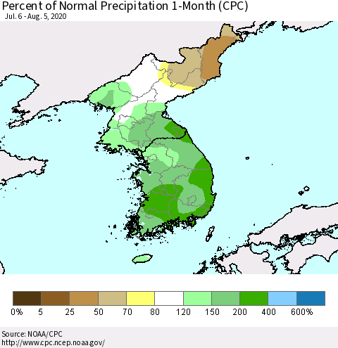 Korea Percent of Normal Precipitation 1-Month (CPC) Thematic Map For 7/6/2020 - 8/5/2020
