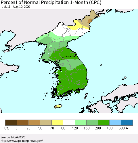Korea Percent of Normal Precipitation 1-Month (CPC) Thematic Map For 7/11/2020 - 8/10/2020