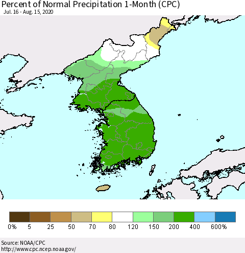Korea Percent of Normal Precipitation 1-Month (CPC) Thematic Map For 7/16/2020 - 8/15/2020