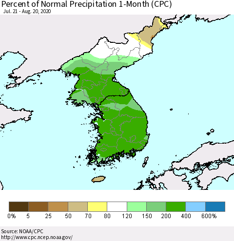 Korea Percent of Normal Precipitation 1-Month (CPC) Thematic Map For 7/21/2020 - 8/20/2020