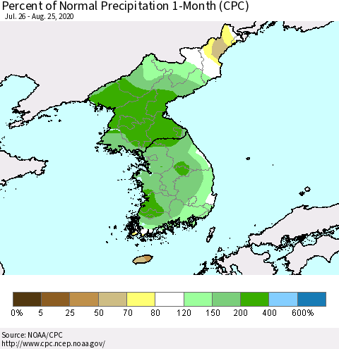 Korea Percent of Normal Precipitation 1-Month (CPC) Thematic Map For 7/26/2020 - 8/25/2020