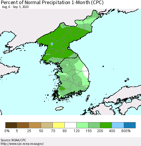 Korea Percent of Normal Precipitation 1-Month (CPC) Thematic Map For 8/6/2020 - 9/5/2020