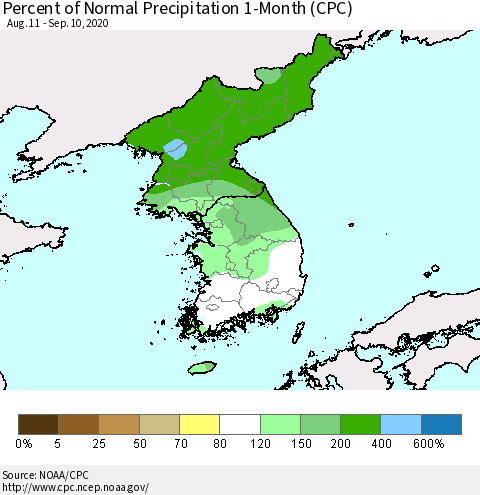 Korea Percent of Normal Precipitation 1-Month (CPC) Thematic Map For 8/11/2020 - 9/10/2020