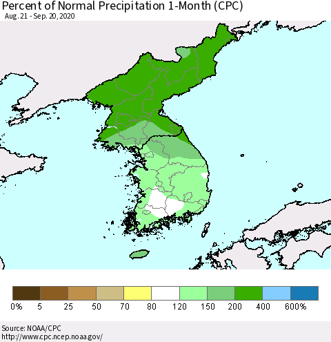 Korea Percent of Normal Precipitation 1-Month (CPC) Thematic Map For 8/21/2020 - 9/20/2020