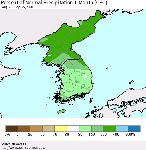 Korea Percent of Normal Precipitation 1-Month (CPC) Thematic Map For 8/26/2020 - 9/25/2020