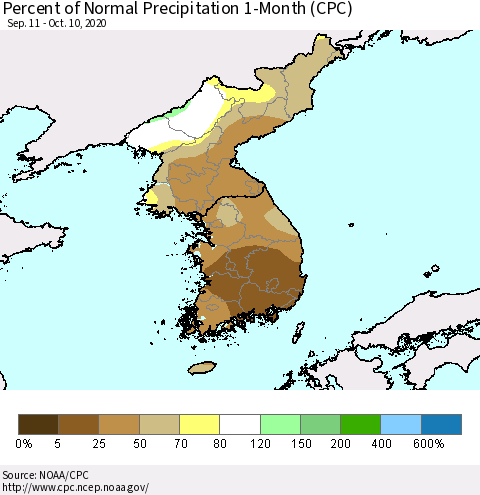 Korea Percent of Normal Precipitation 1-Month (CPC) Thematic Map For 9/11/2020 - 10/10/2020