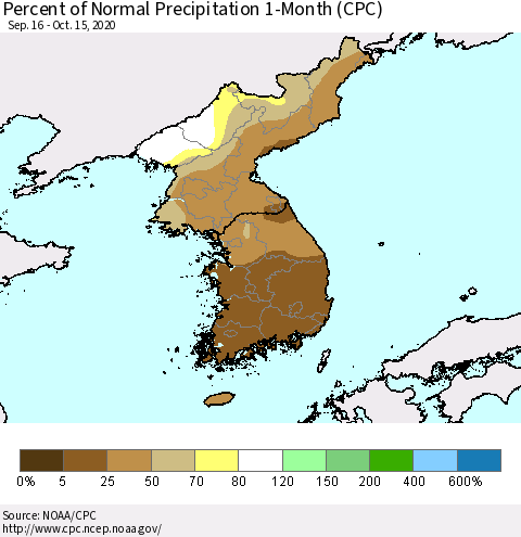 Korea Percent of Normal Precipitation 1-Month (CPC) Thematic Map For 9/16/2020 - 10/15/2020