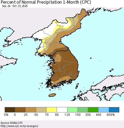 Korea Percent of Normal Precipitation 1-Month (CPC) Thematic Map For 9/26/2020 - 10/25/2020
