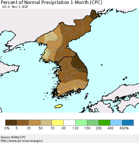 Korea Percent of Normal Precipitation 1-Month (CPC) Thematic Map For 10/6/2020 - 11/5/2020