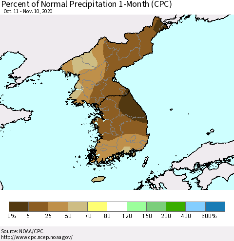 Korea Percent of Normal Precipitation 1-Month (CPC) Thematic Map For 10/11/2020 - 11/10/2020