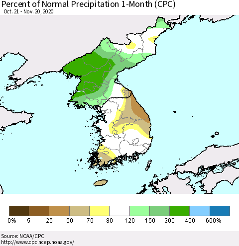 Korea Percent of Normal Precipitation 1-Month (CPC) Thematic Map For 10/21/2020 - 11/20/2020