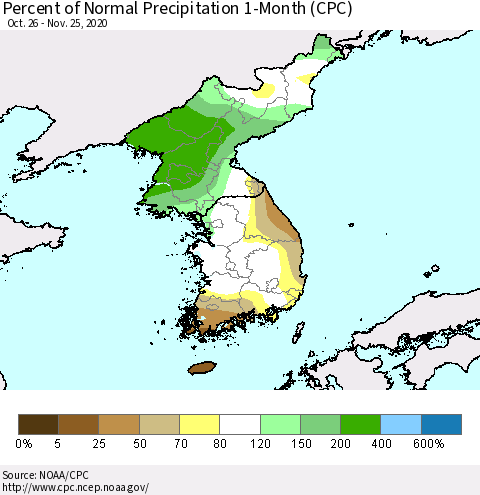Korea Percent of Normal Precipitation 1-Month (CPC) Thematic Map For 10/26/2020 - 11/25/2020