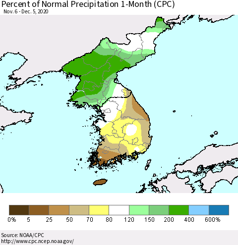 Korea Percent of Normal Precipitation 1-Month (CPC) Thematic Map For 11/6/2020 - 12/5/2020